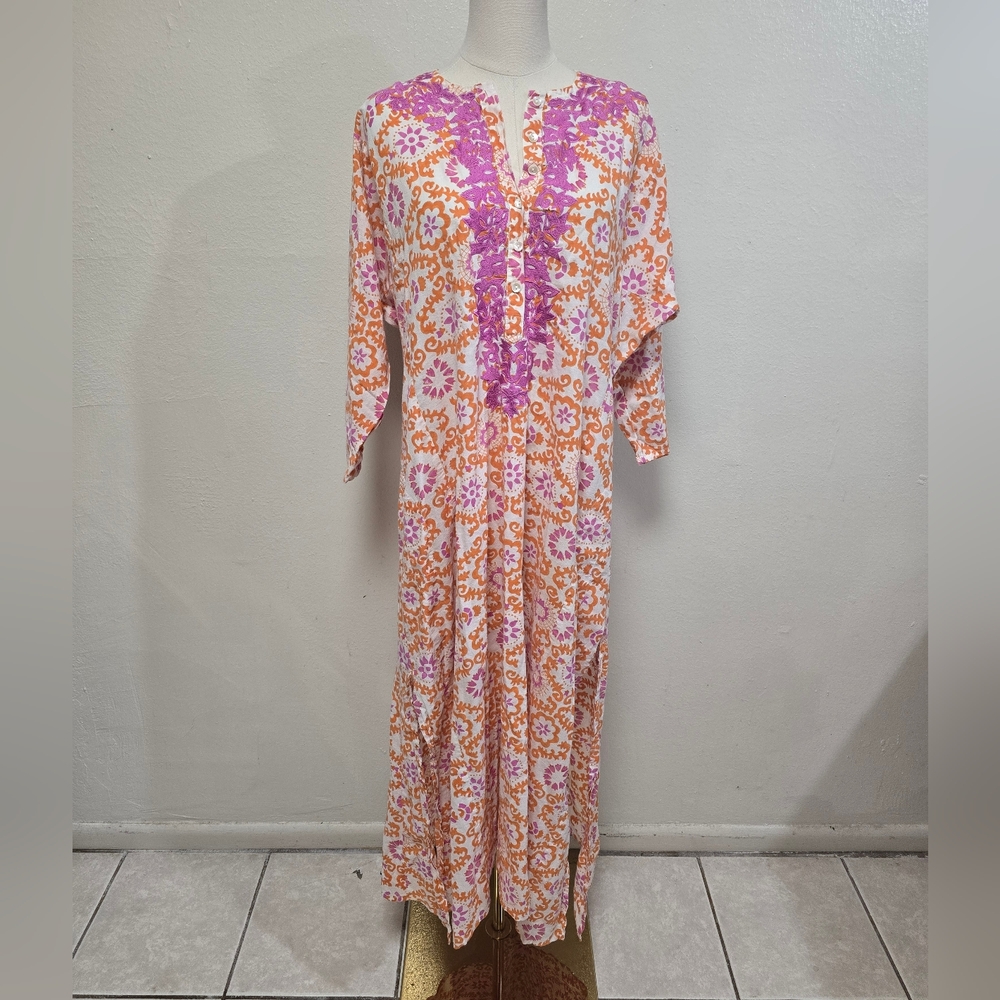 Ro's Garden Split Neck Kaftan Maxi Dress Size Large